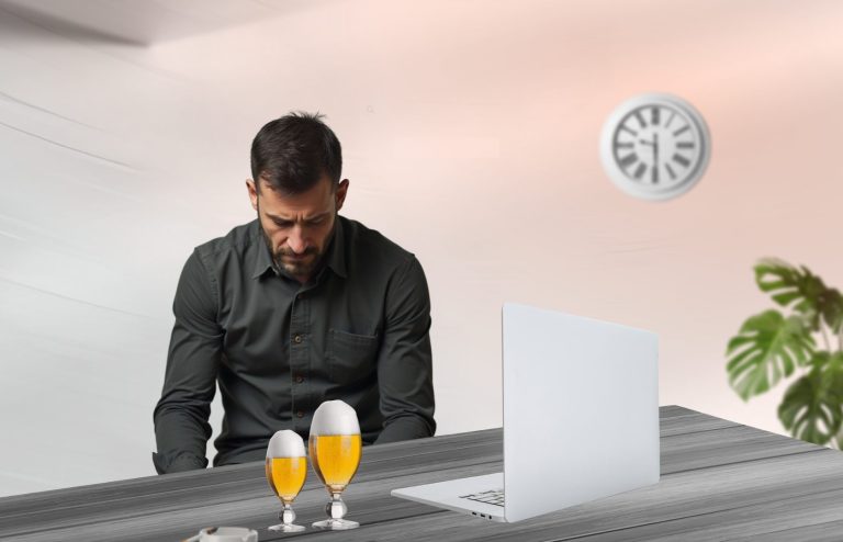 drunk user with beer and laptop