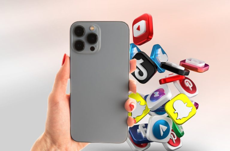 phone in hand and social media icons