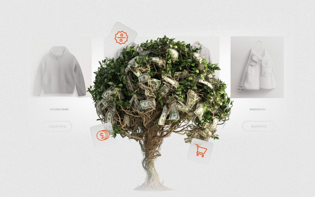 tree with money and web shop products in a background