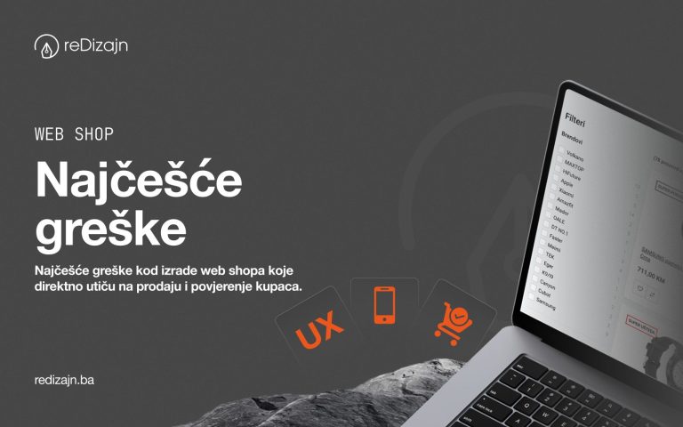 Promotional banner about common web shop mistakes with laptop showing an eCommerce interface and UX icons.